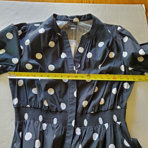 Black and White Polka Dot Flowy Button Up Short Sleeve Dress with Pockets Large - Picture 13 of 16